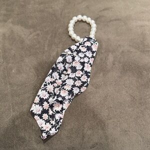 Pearl Beaded Hair Tie with Black Floral Scarf Accent